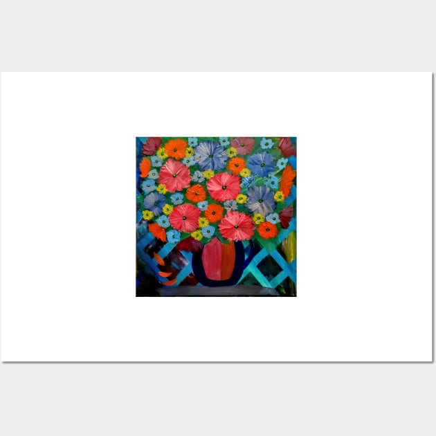 Colorblock layered background and mixed flowers in Bright colors in a vase Wall Art by kkartwork